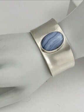 Vintage Mexico Caravantes Sterling Silver &  Blue Lace Agate Wide Cuff Bracelet
